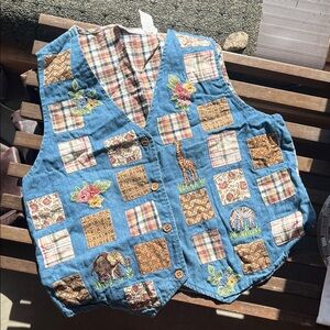 Patchwork Denim Vest with Animal Embroidery